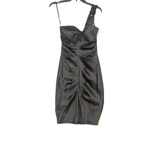 Vintage Cache Black Satin Dress Beaded Strap, Ruching, Fitted Size 6